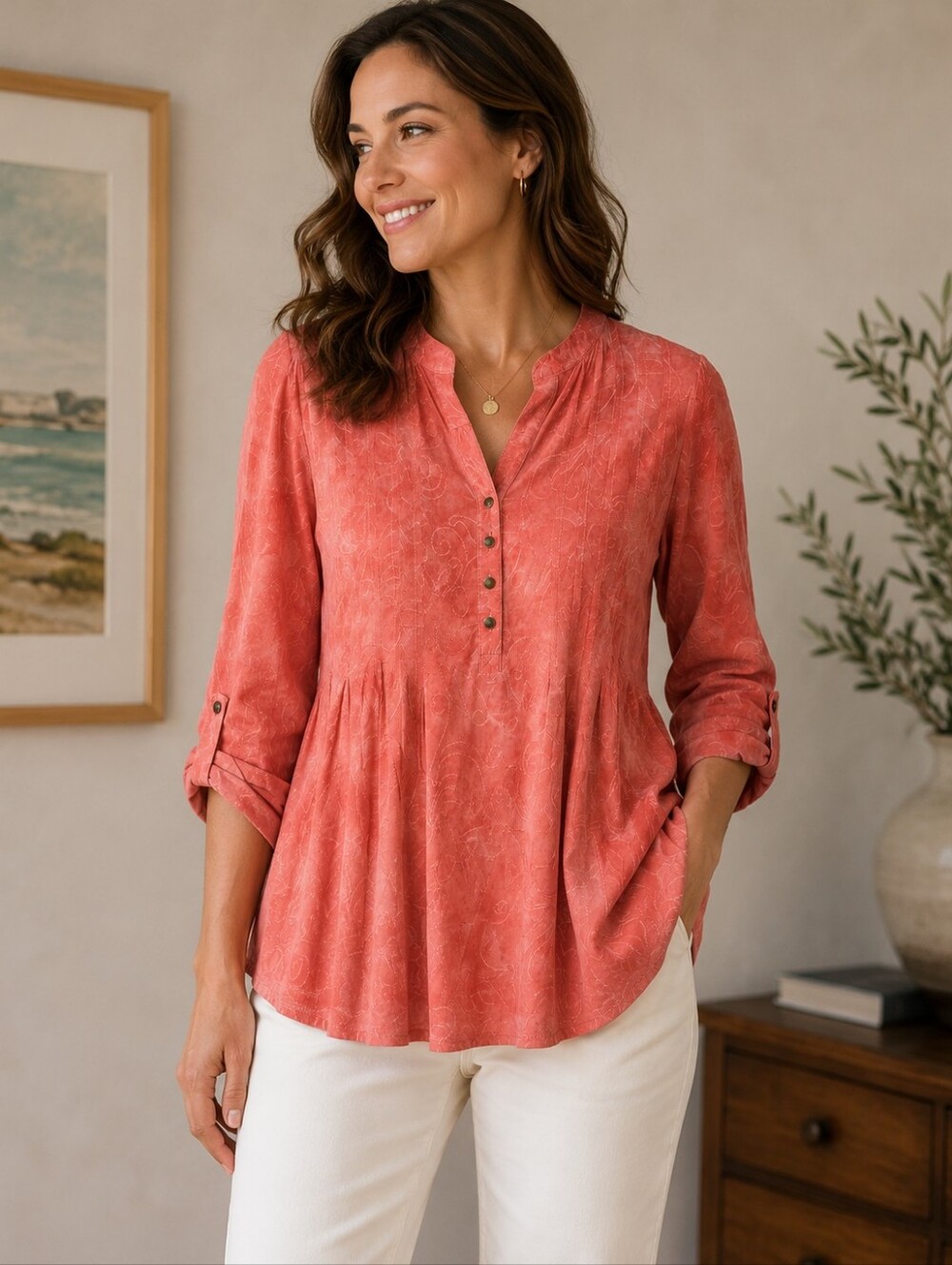 Cocomo Coral-Peach Buttoned Pleated Tunic #70